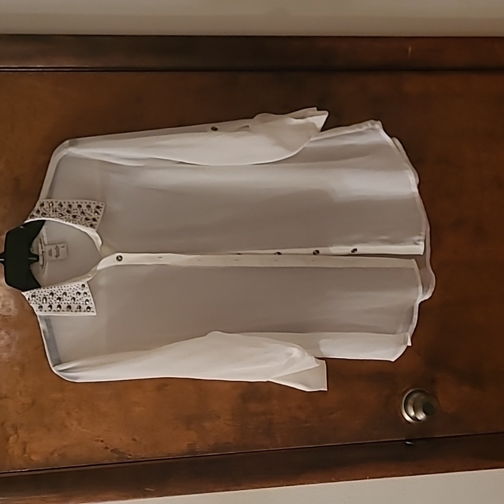 Sheer, white, rhinestone embellished button-up blouse